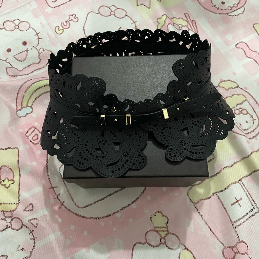 Alaia Black Laser-Cut Floral Scalloped Waist Belt with Gold Hardware
